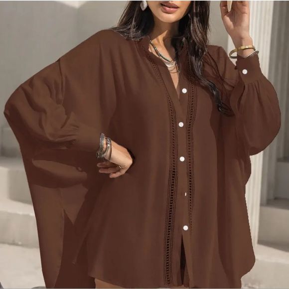 Mocha Lace Affair Button Shirt - Picture 3 of 8